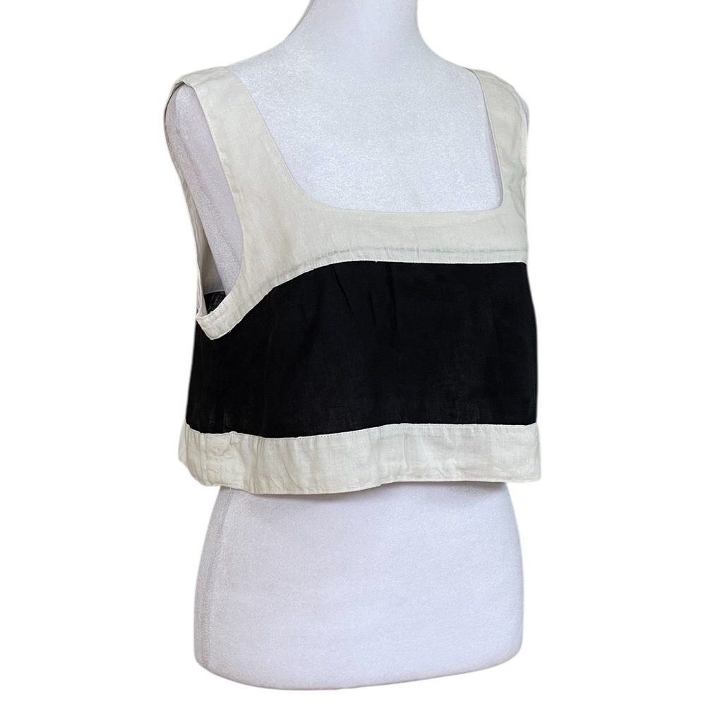 Haute Hippie Linen Blend Off White Black Sleeveless Crop Tank Top Sz M Summer